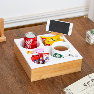 Wooden Bedside Organizer Sofa Tray with Phone Holder & Multiple Compartments