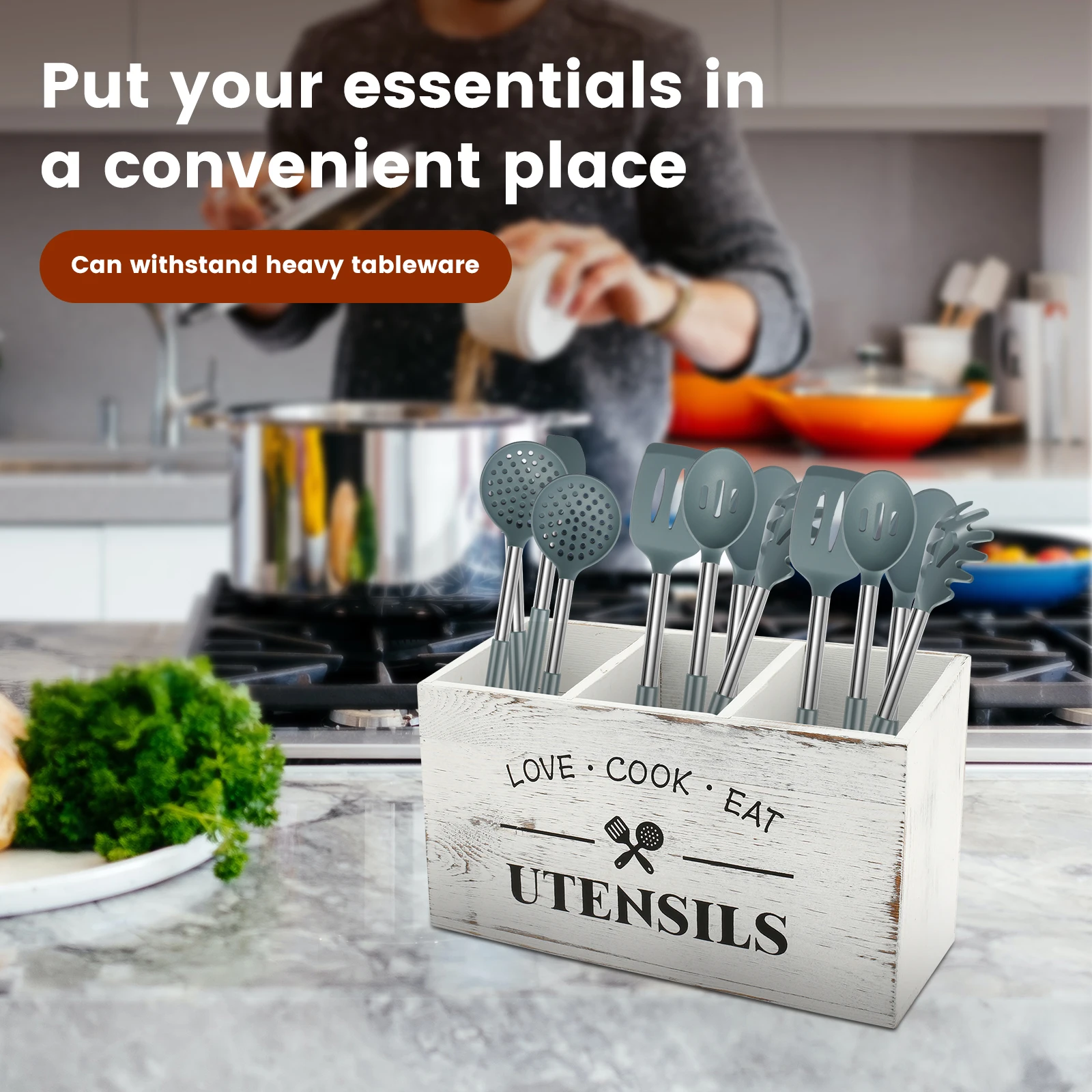 Paulownia Wood Kitchen Utensil Holder with Compartments 3 Paulownia Wood Kitchen Utensil Holder with Compartments - Image 3