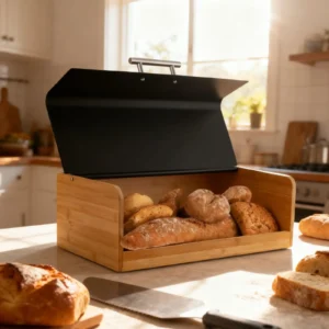 Natural Bamboo Bread Storage Box with Flip-Top Metal Cover