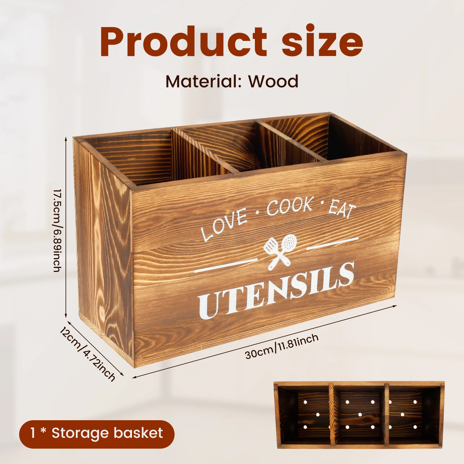 Paulownia Wood Kitchen Utensil Holder with Compartments 8 Paulownia Wood Kitchen Utensil Holder with Compartments - Image 8