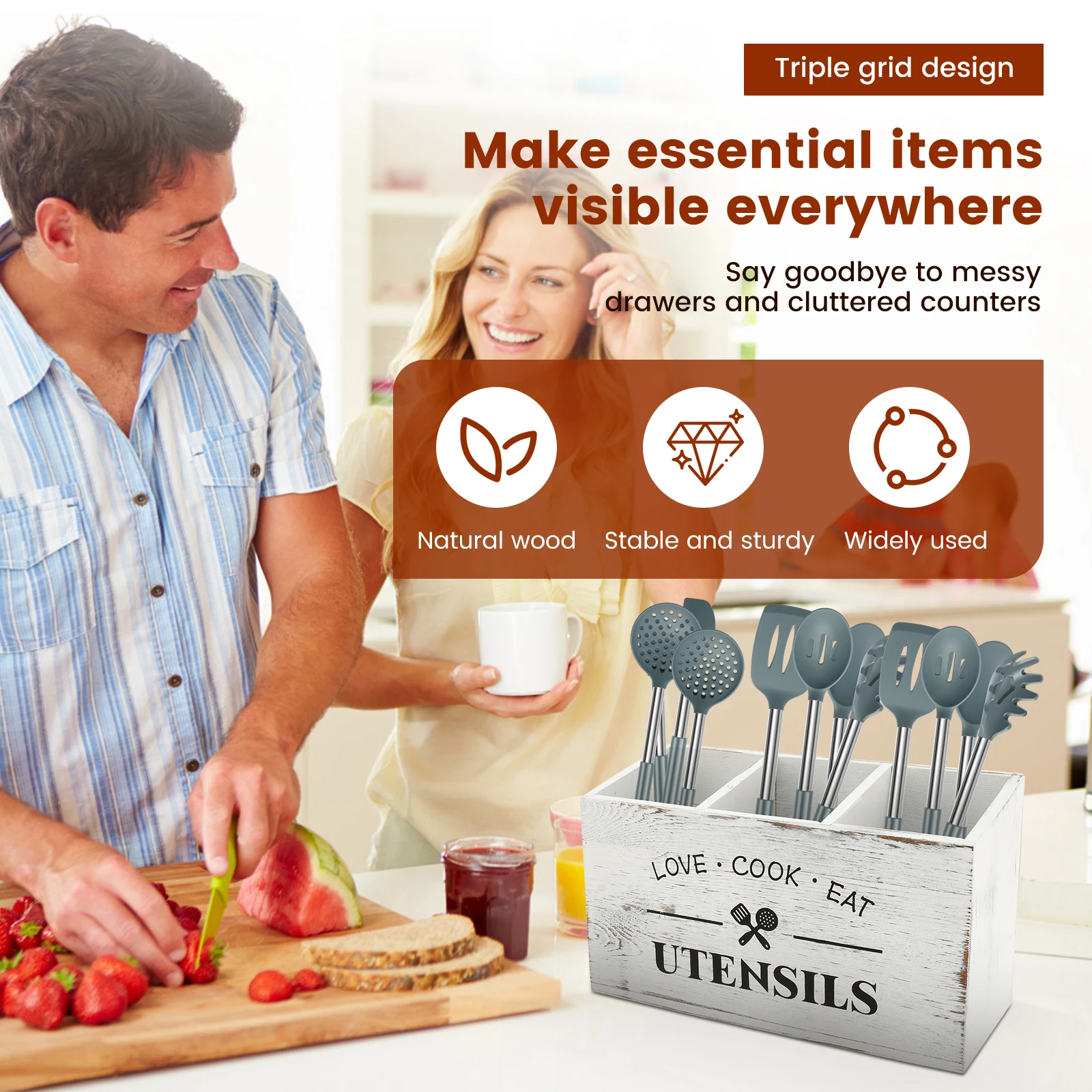 Paulownia Wood Kitchen Utensil Holder with Compartments 5 Paulownia Wood Kitchen Utensil Holder with Compartments - Image 5