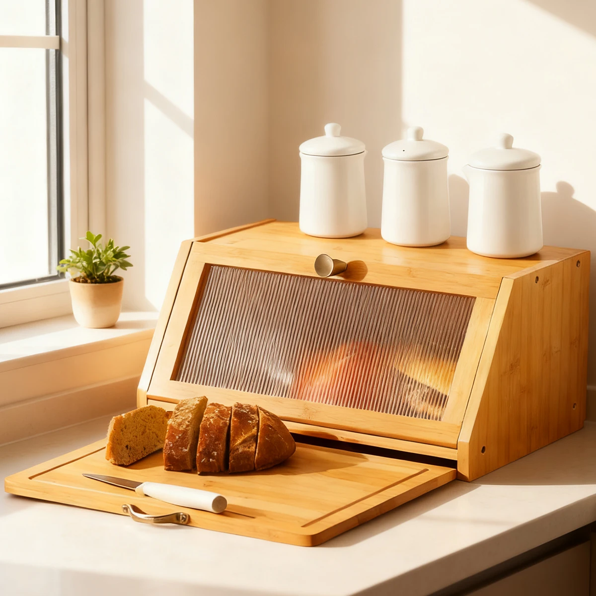Bamboo Bread Box with Flip-Down Ribbed Door 3 Bamboo Bread Box with Flip-Down Ribbed Door - Image 3
