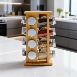Bamboo Rotating Spice Rack with Glass Jars