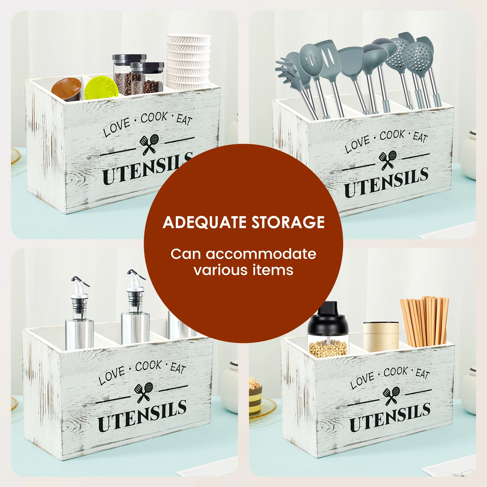 Paulownia Wood Kitchen Utensil Holder with Compartments 4 Paulownia Wood Kitchen Utensil Holder with Compartments - Image 4