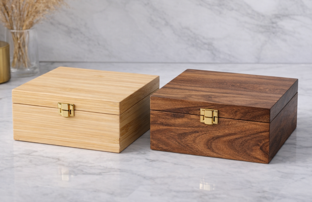 Side-by-side comparison of cheap bamboo tray vs premium acacia wood drawer organizer
