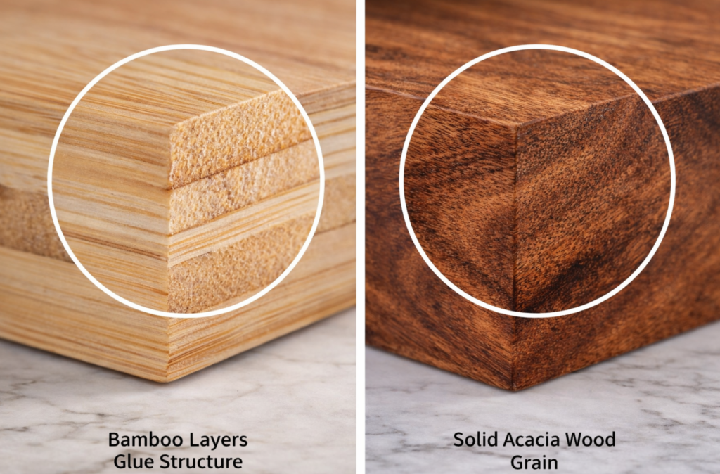 Macro view showing bamboo layers glue structure vs solid acacia wood grain