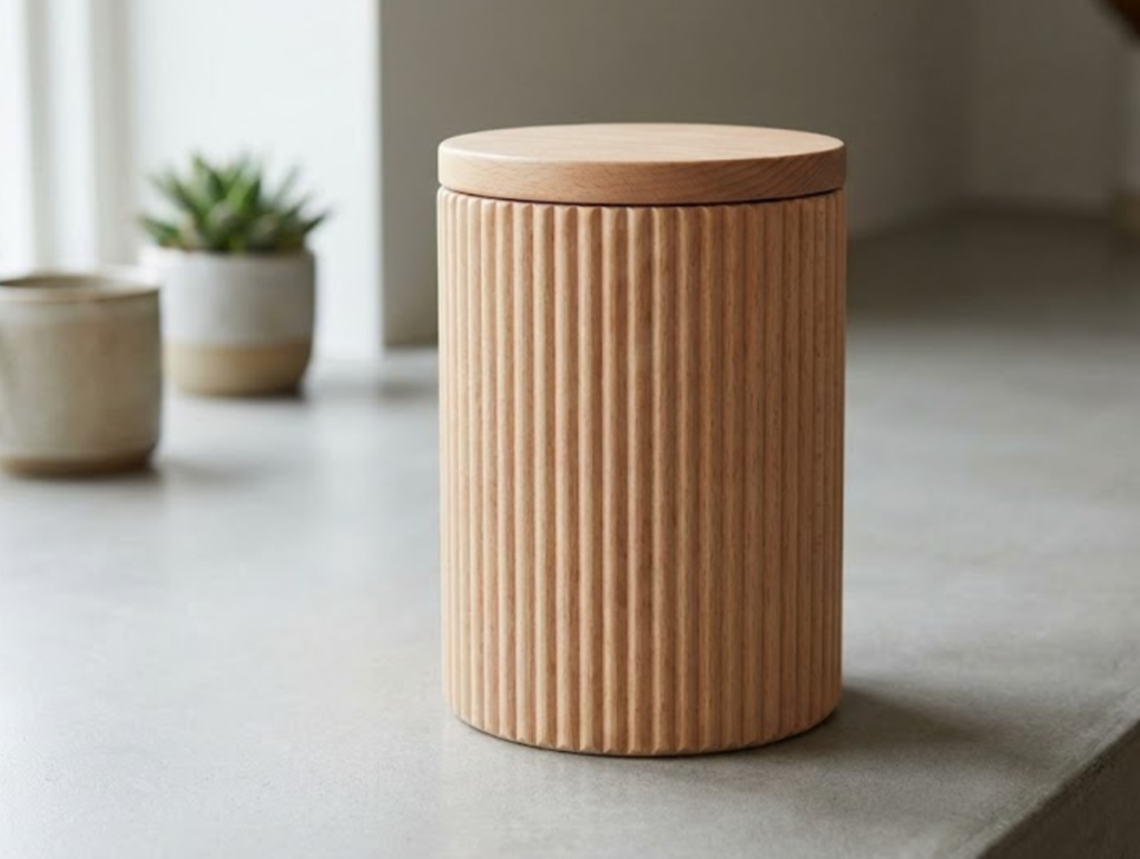 Close-up of a ribbed beech wood storage jar, showcasing the 2026 fluted texture trend for Amazon home decor