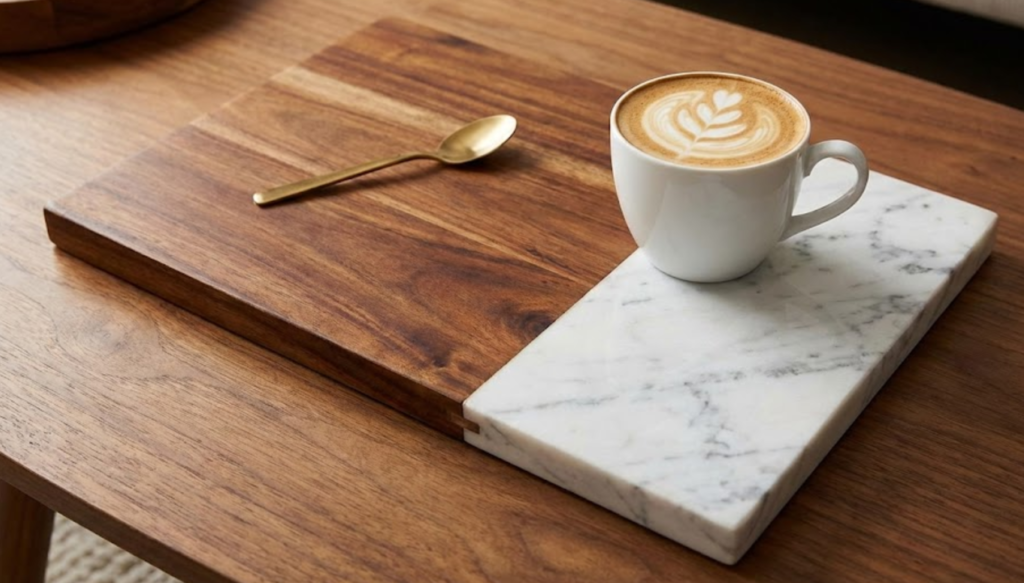 High-end acacia wood and white marble serving tray with coffee cup, illustrating the material collision trend for 2026