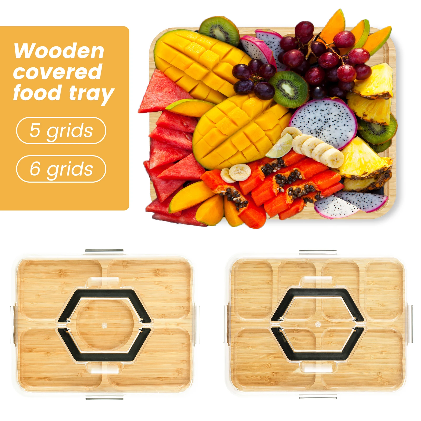 Bamboo Serving Tray with Clear PET Lid – Food Safe Storage & Serving Solution 1 Bamboo Serving Tray with Clear PET Lid – Food Safe Storage & Serving Solution