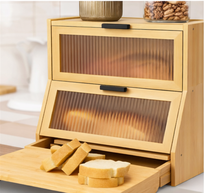 wooden bread box with cutting board