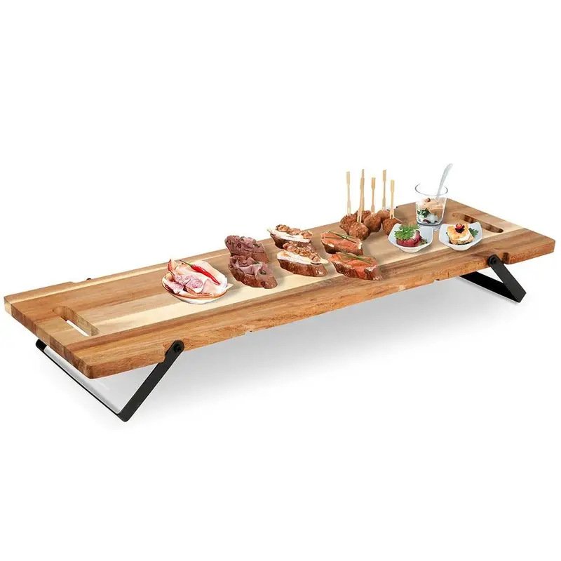 Custom Acacia Wood Long Serving Tray with Foldable Iron Legs 1 Custom Acacia Wood Long Serving Tray with Foldable Iron Legs