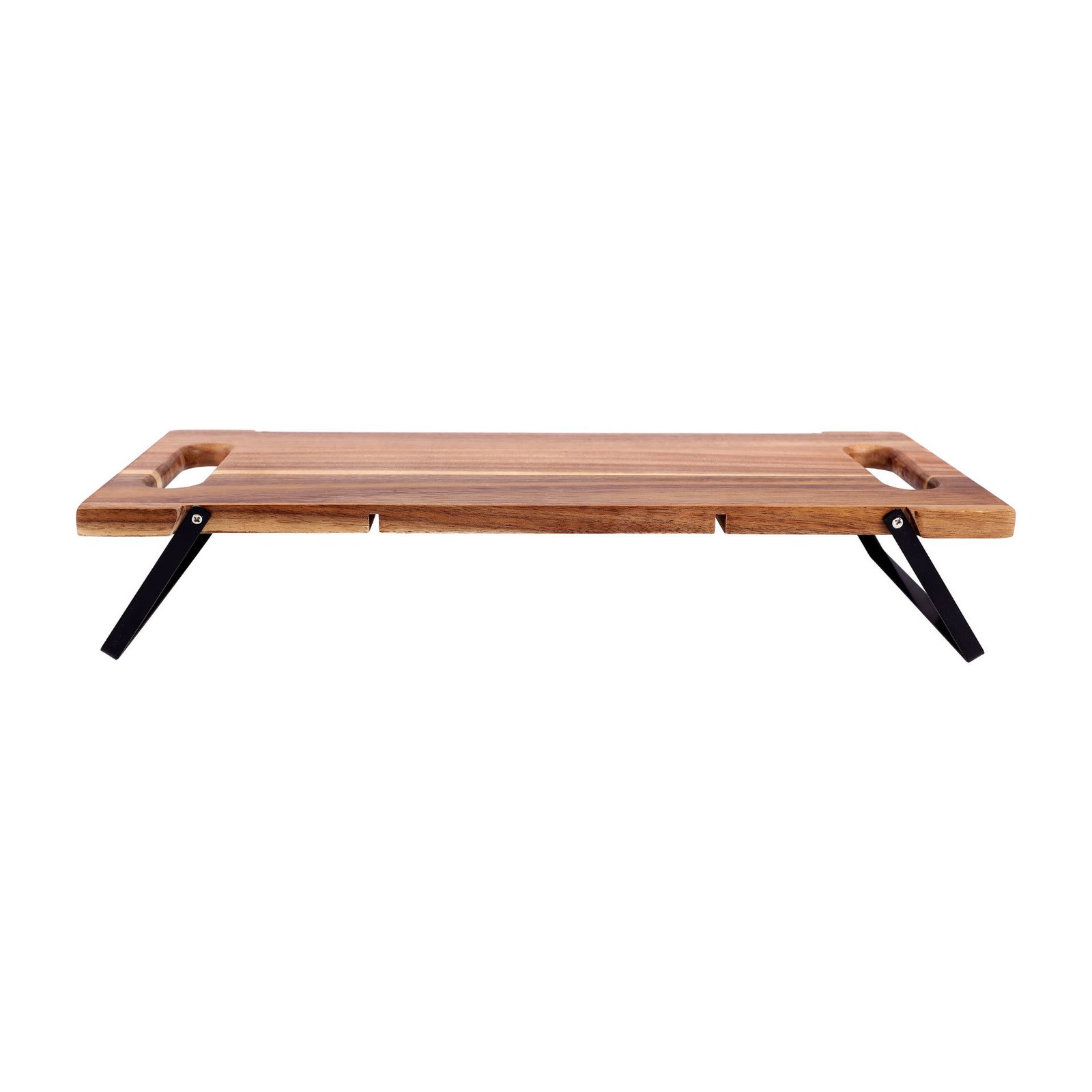 Custom Acacia Wood Long Serving Tray with Foldable Iron Legs 2 Custom Acacia Wood Long Serving Tray with Foldable Iron Legs - Image 2
