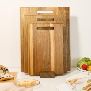 3-Piece Acacia Wood Cutting Board Set with Storage Stand & Grip Handles (Large, Medium, Small)