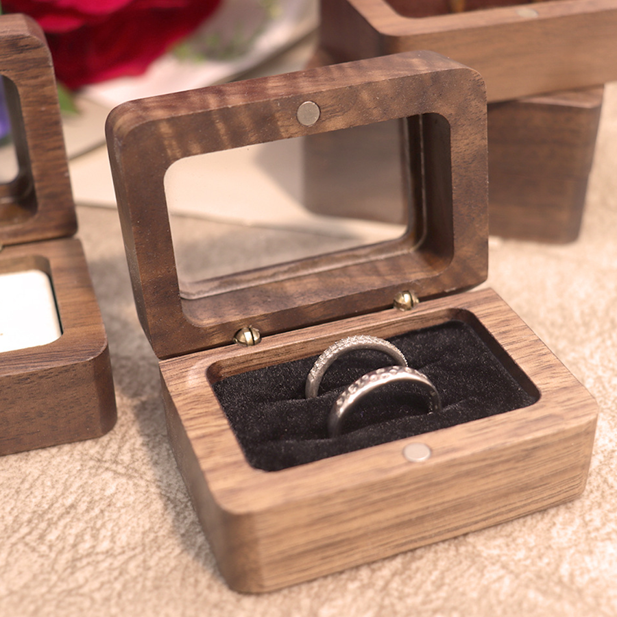 Premium Walnut Wood Ring Box with Glass Window | Magnetic Proposal Case 5 Walnut Wood Ring Box