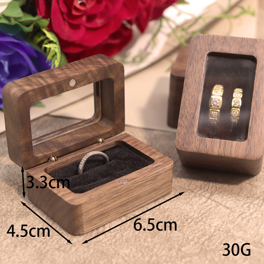Premium Walnut Wood Ring Box with Glass Window | Magnetic Proposal Case 4 Walnut Wood Ring Box