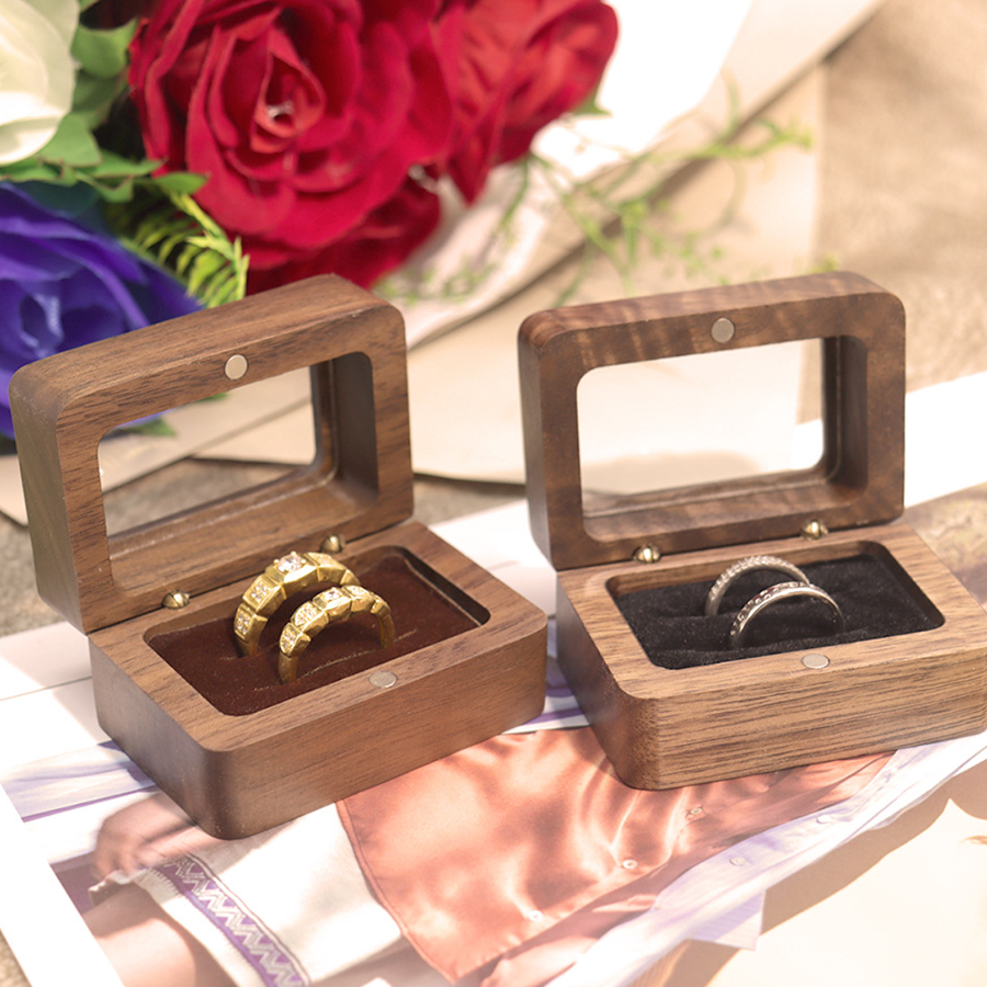 Premium Walnut Wood Ring Box with Glass Window | Magnetic Proposal Case 1 Walnut Wood Ring Box