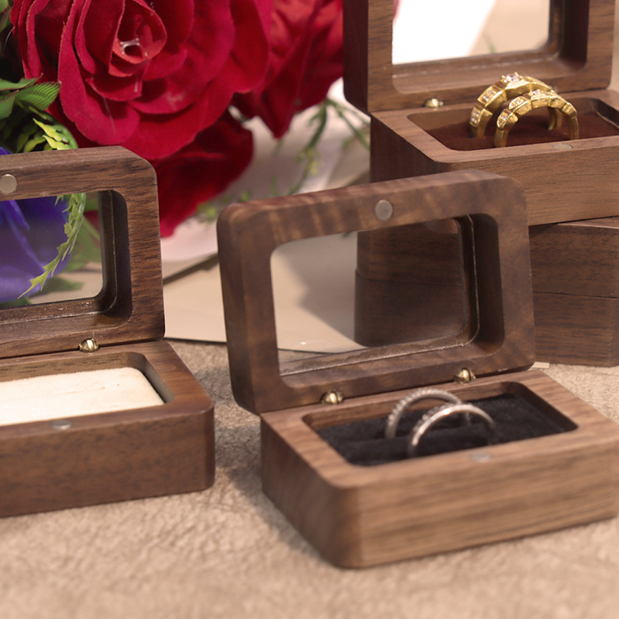 Premium Walnut Wood Ring Box with Glass Window | Magnetic Proposal Case 6 walnut-wood-ring-box-glass-window