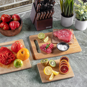 3-Piece Organic Bamboo Cutting Board Set with Easy-Grip Handles - Kitchen Chopping & Serving Platter