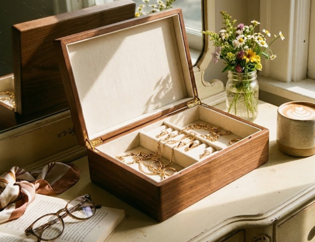 Premium wholesale wooden jewelry box on a vanity table with sunlight.