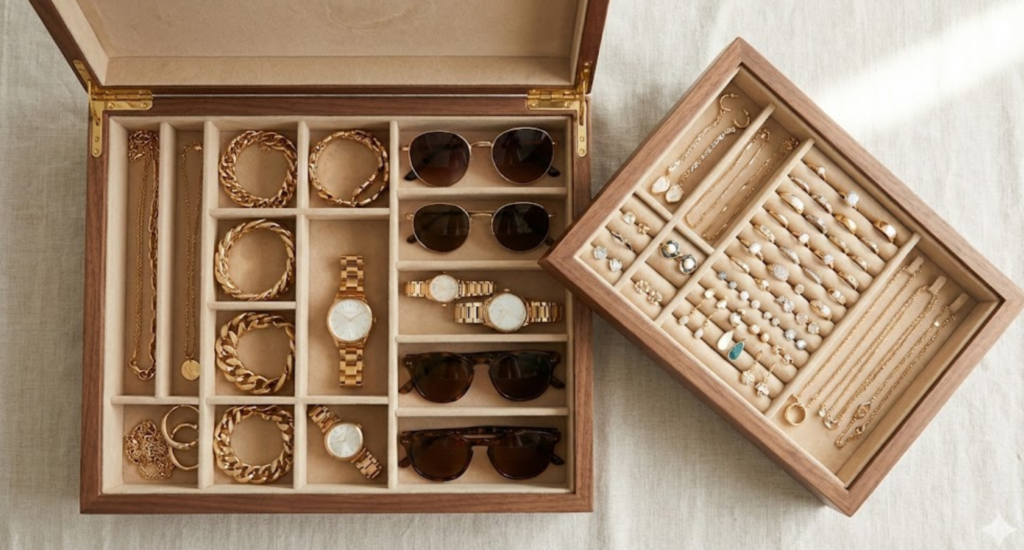  Large capacity open view of 2-layer wholesale wooden jewelry box organizer