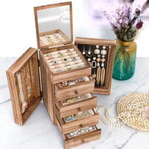 Home 28 Vintage Large Wooden Jewelry Box with Mirror & Side Doors - 5 Layers