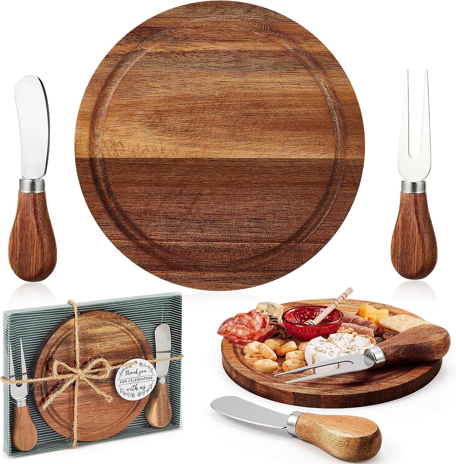 Mini Bamboo Charcuterie Board Gift Set with Cheese Knife – The Perfect Wedding Favor 6 Individual charcuterie board serving cheese and crackers at a party.