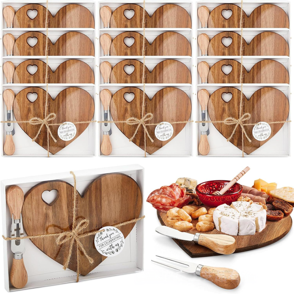 Mini bamboo cheese board gift set in wedding favor packaging box.