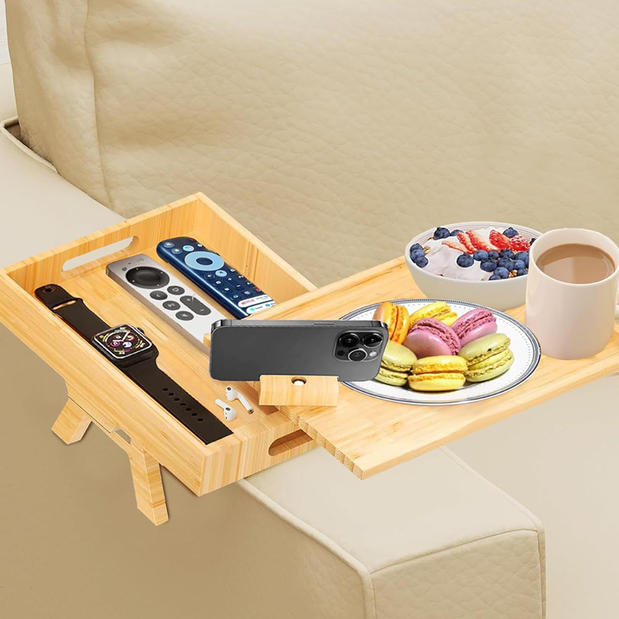 bamboo wooden sofa tray with cup holder and phone slot