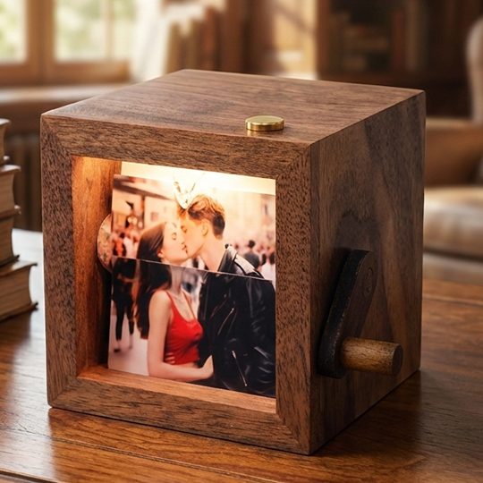 Wooden kinetic flip photo box with hand crank mechanism for wedding gifts