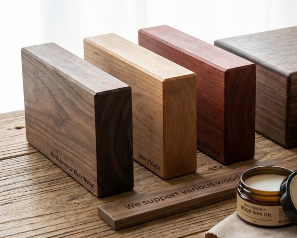 Custom personalized wooden photo box with printed photos and laser engraving service