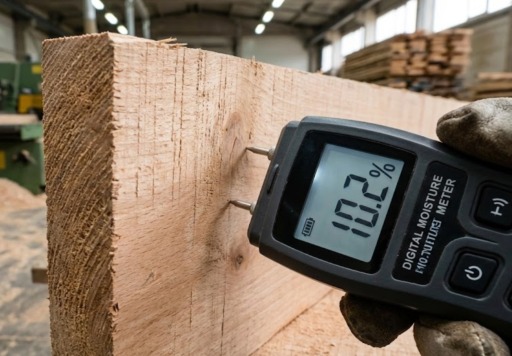 Factory worker testing wood moisture content for artist sketchbox production.