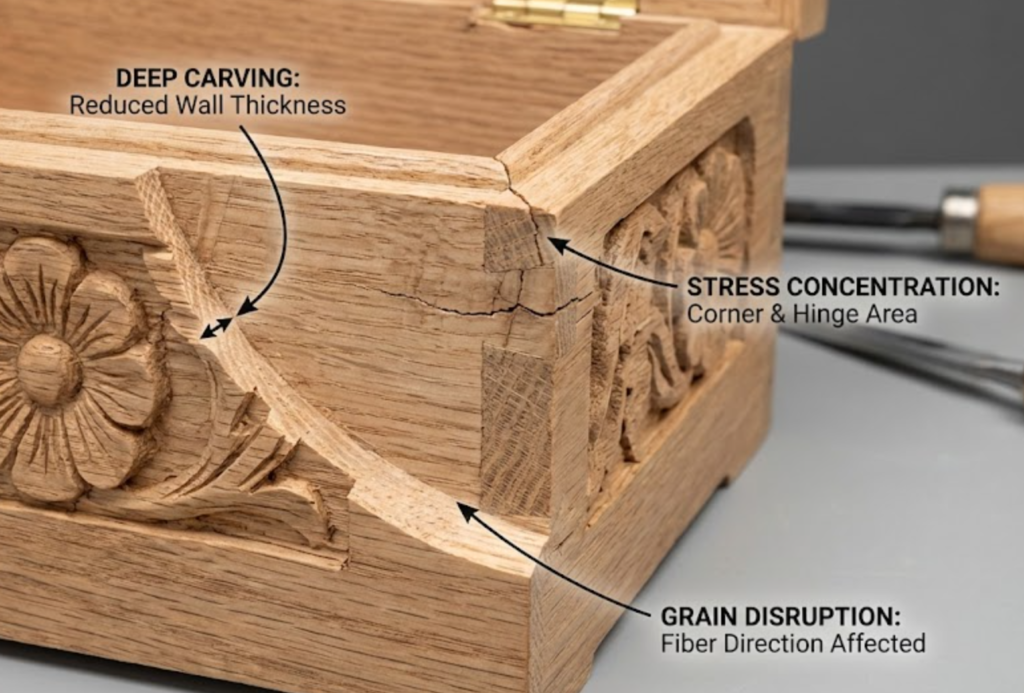 Structural impact of carving depth on wooden box strength and mass production stability