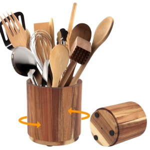 Custom Acacia Wood Utensil Holder with Rotating Base