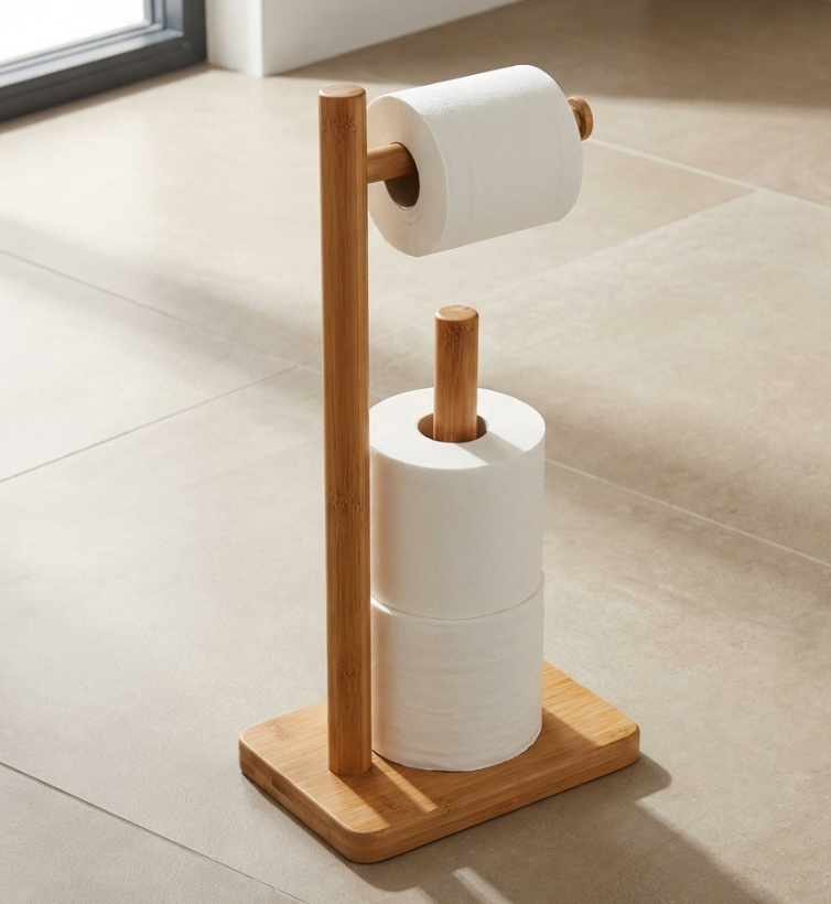 freestanding bamboo toilet paper holder stand with extra roll storage