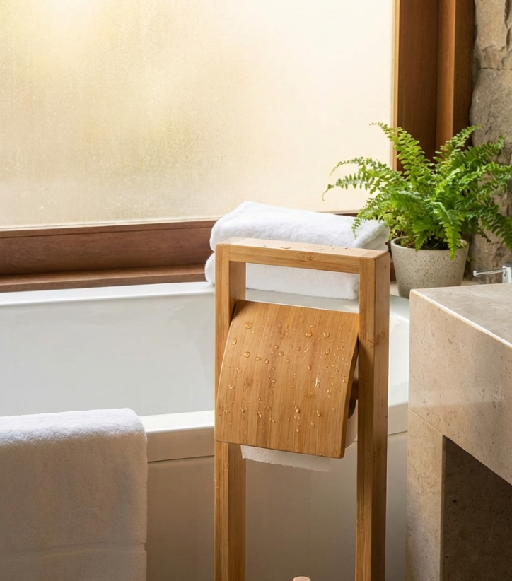 water resistant bamboo toilet paper holder stand in bathroom
