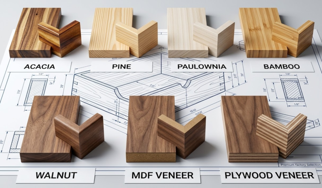 Material comparison for factory direct wooden boxes including acacia pine paulownia bamboo walnut MDF veneer and plywood veneer