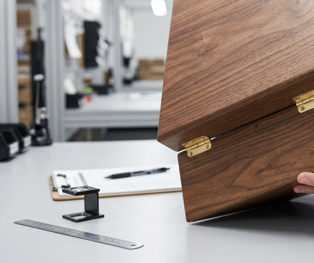 Technician inspecting a finished wooden gift box for hinge alignment magnet closure sanding smoothness and stain finish