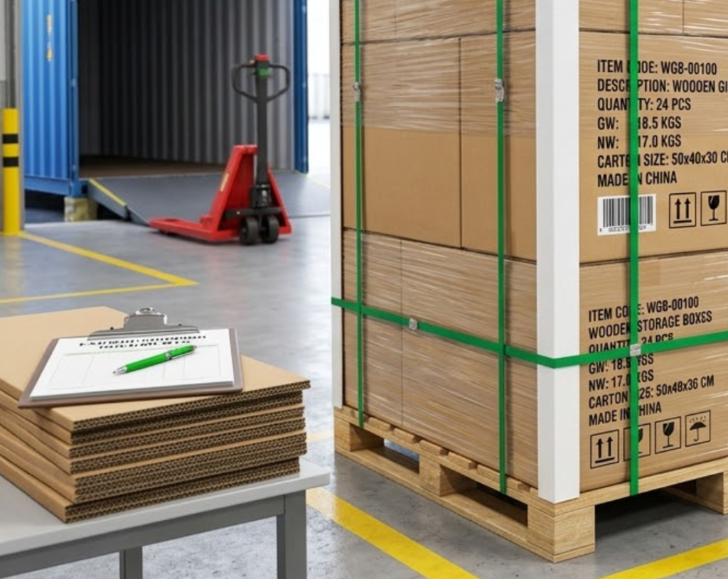Stacked export cartons of wooden boxes on pallets with corner protection strapping and carton marks ready for container loading