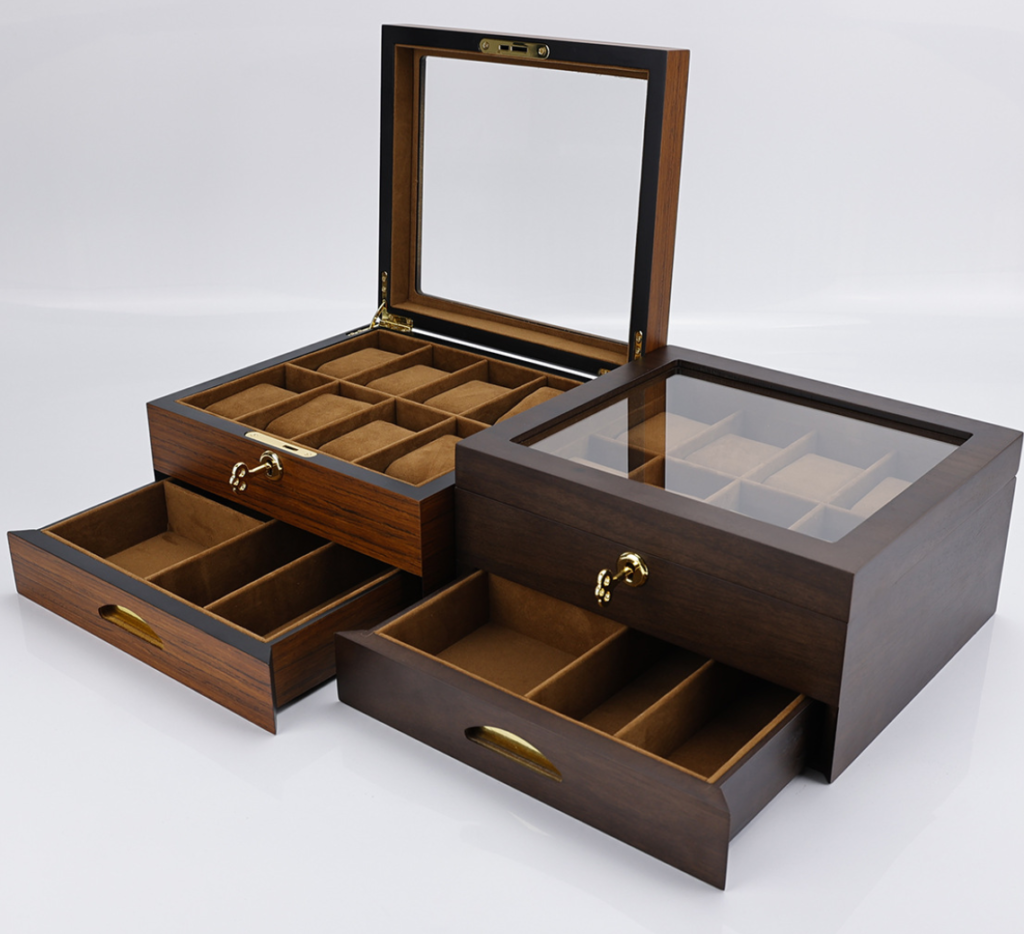 workers inspecting MDF veneer panels and solid wood boards for box production