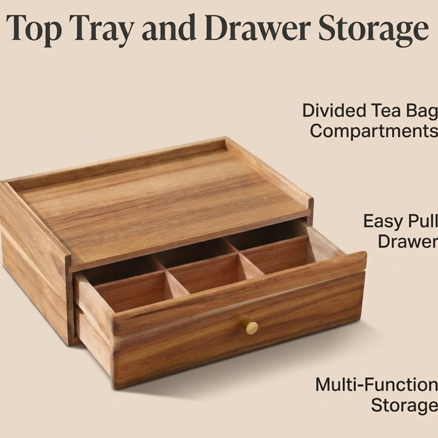 Custom Wooden Tea Bag Organizer Box with Drawer 12 wooden tea bag organizer box