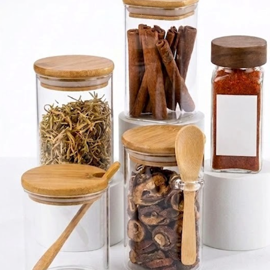 different glass spice jar