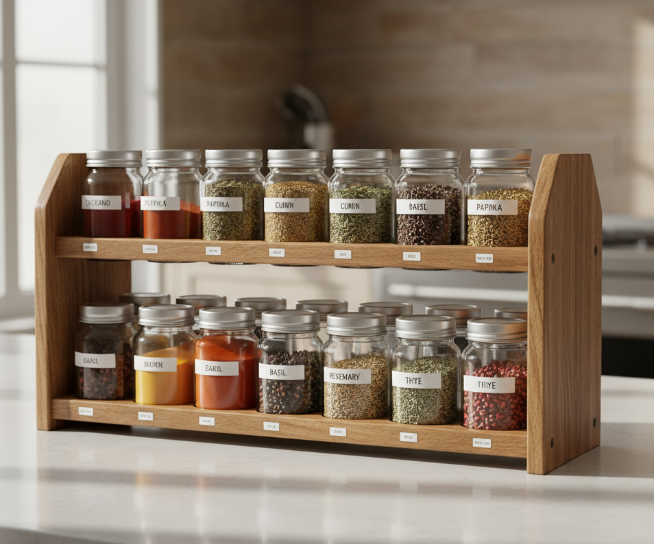 custom wooden spice rack with glass jars on kitchen countertop