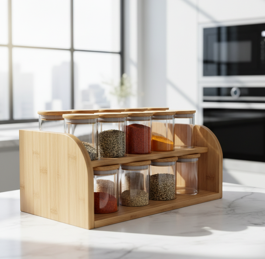 Photorealistic product image of a custom bamboo spice rack with jars, clean modern design, light natural bamboo color, transparent glass jars with matching lids, bright kitchen setting, simple and elegant styling, B2B product photography style, realistic and clean.
