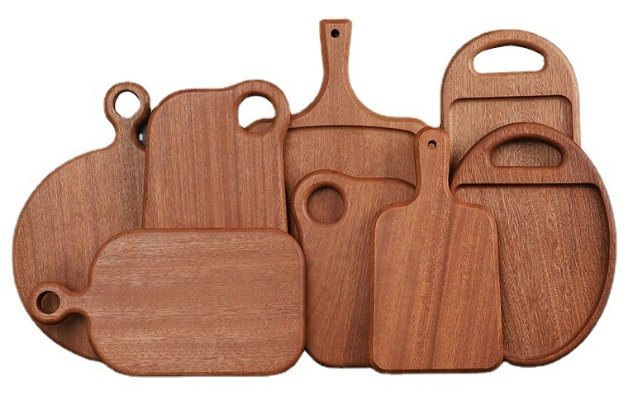Different types of wooden homeware including wooden bowls trays and kitchen utensils
