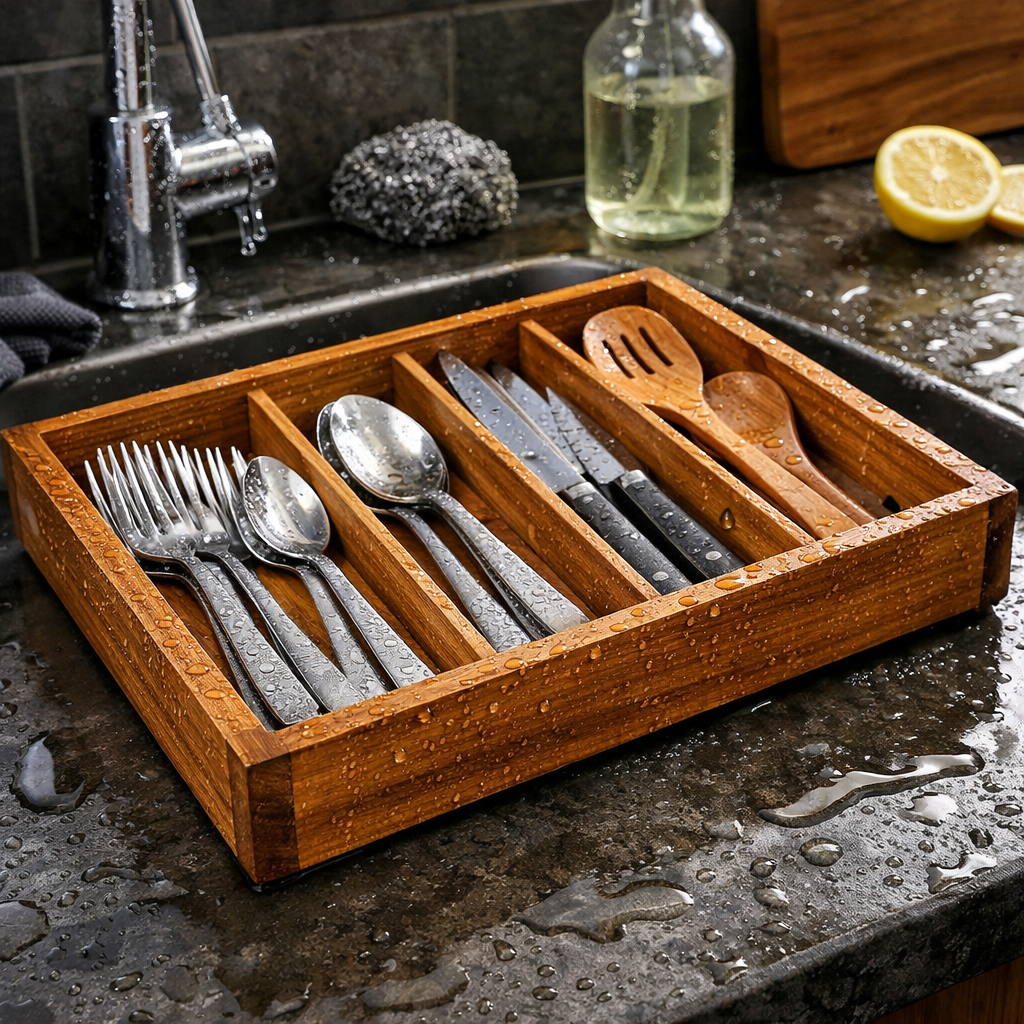Water resistant acacia wood cutlery tray in wet kitchen environment