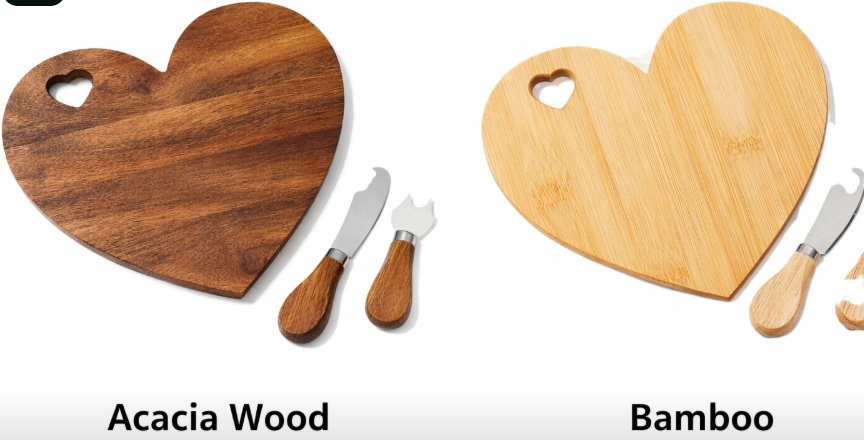 Various shapes of mini charcuterie boards including heart and square in bamboo.