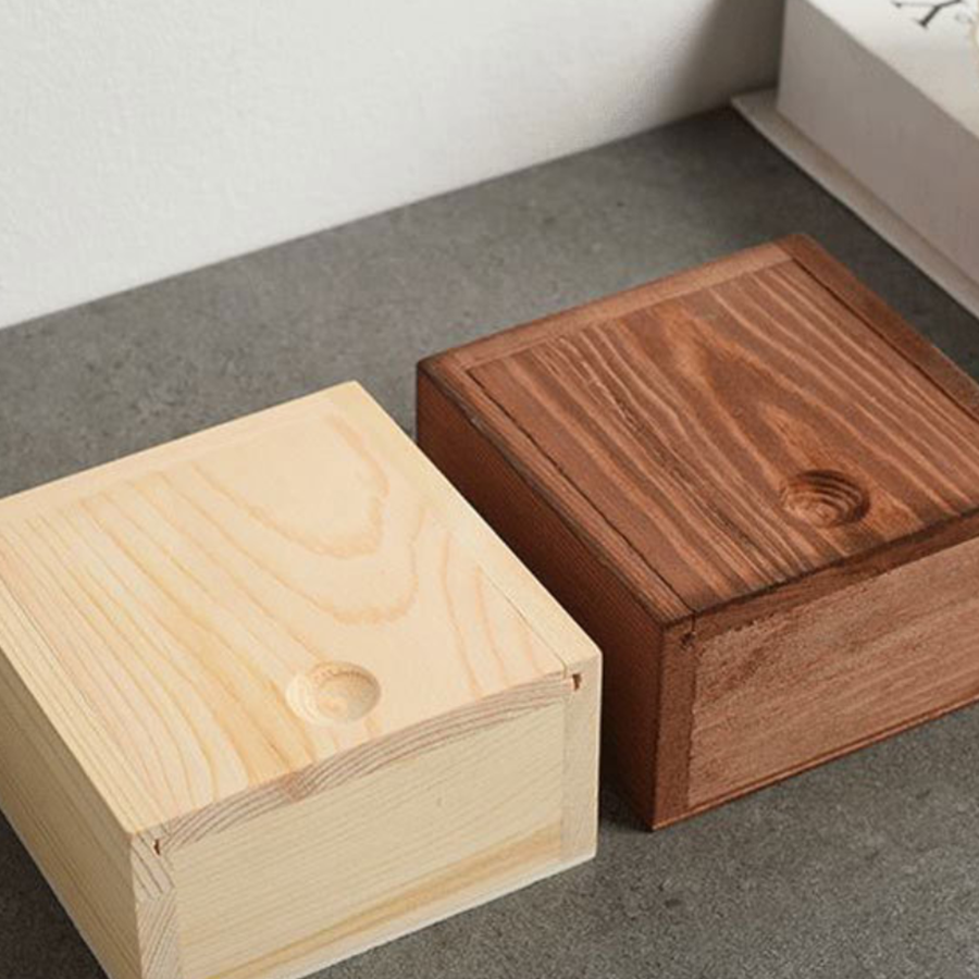 natural pine wooden storage box with visible wood knots
