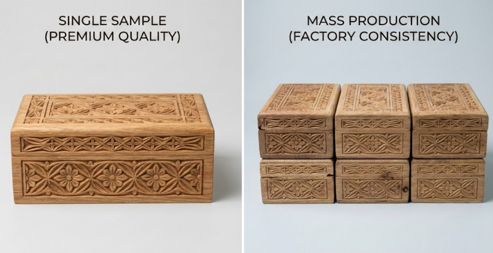 Sample vs mass production carving consistency in carved wooden boxes wholesale
