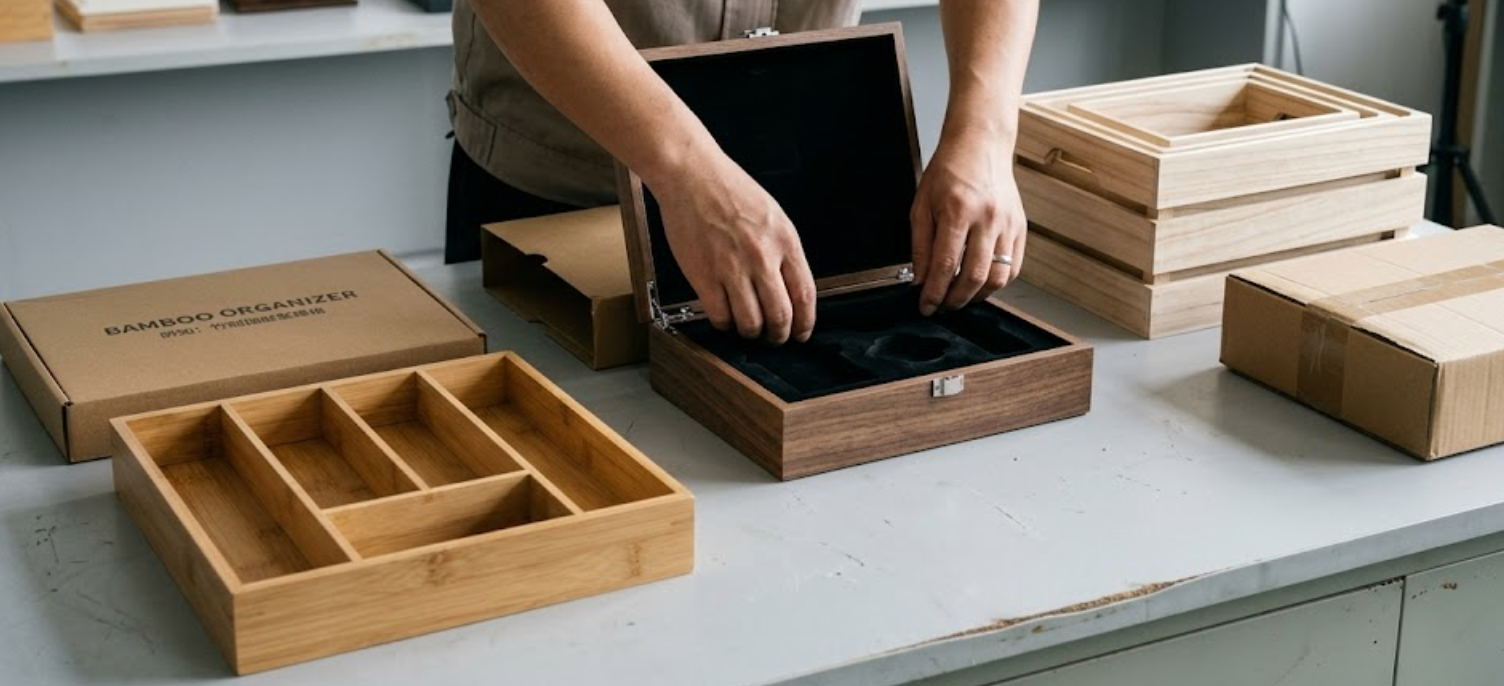 xport carton and internal insert for wooden organizer packaging