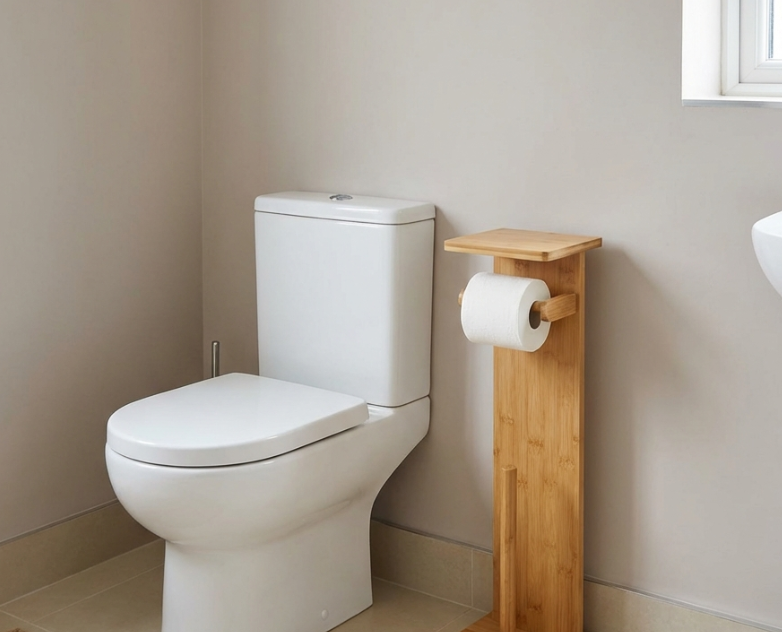 compact bamboo toilet paper holder stand size beside toilet